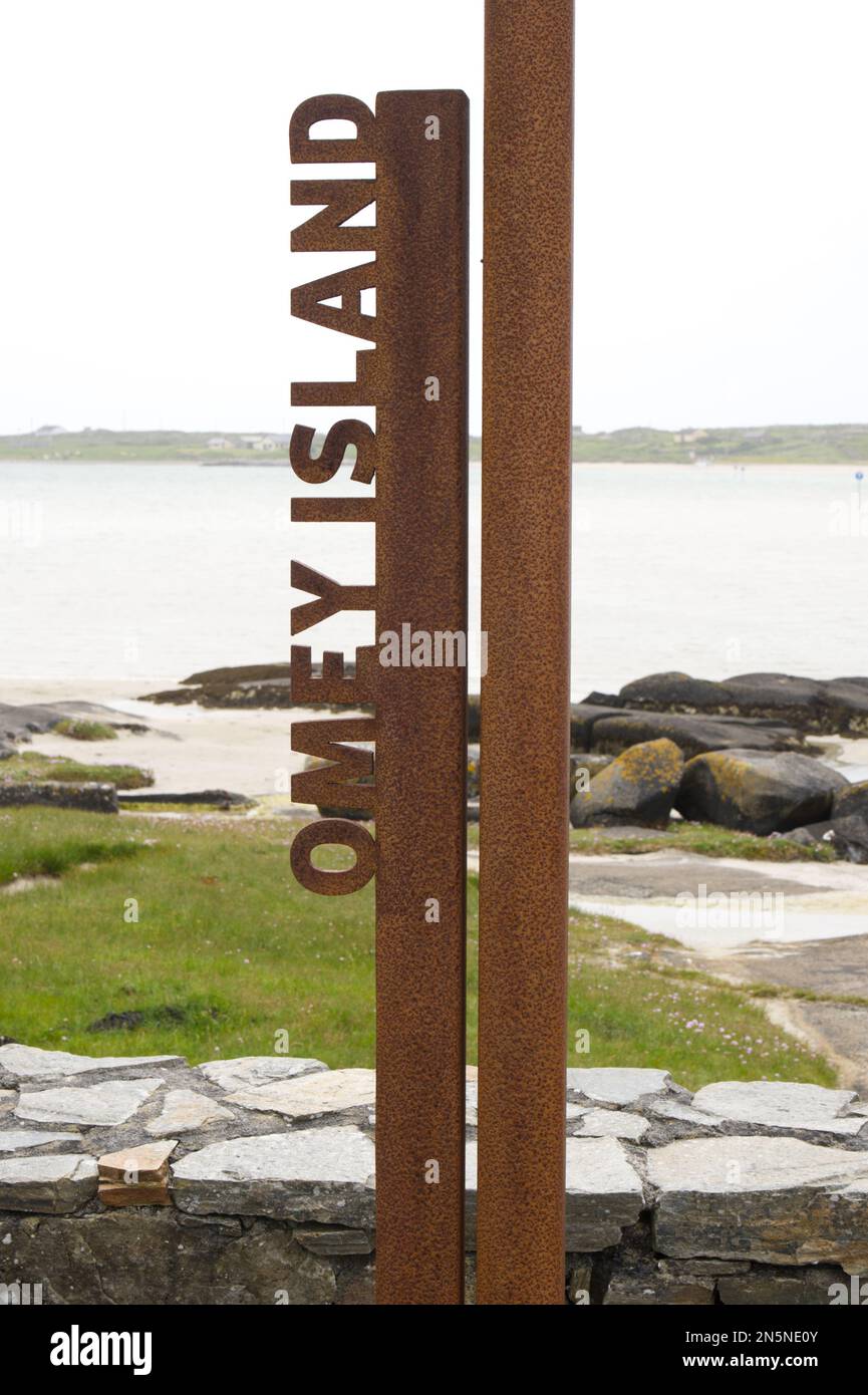 Omey Island Wave logo metal sign for wild atlantic way discovery points in Southern Ireland EIRE Stock Photo