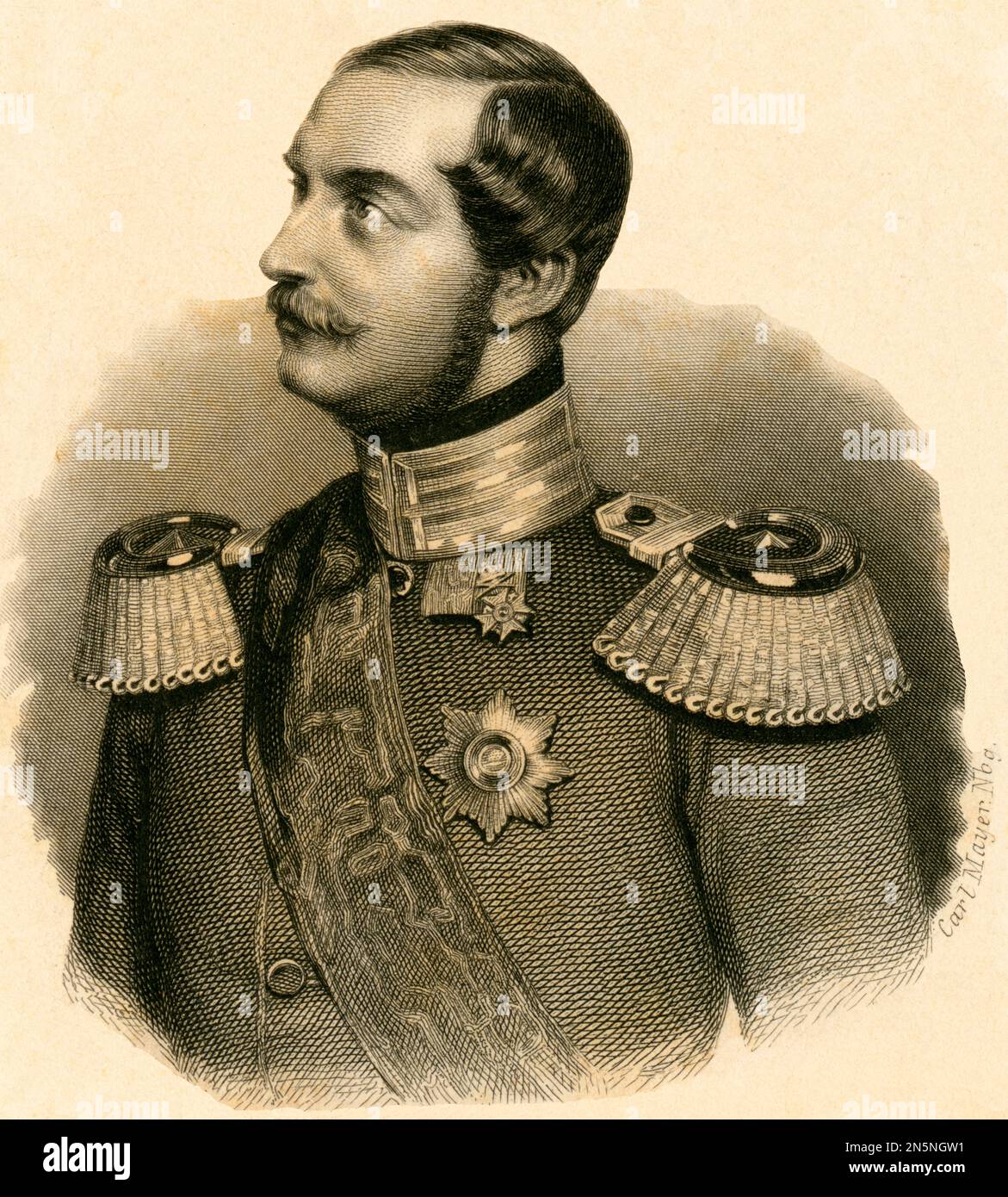 Georg V. König von Hannover, Herzog von Cumberland, letzter König von Hannover, Lithographie aus :  ' Gothaischer genealogischer Hof-Kalender nebst diplomatisch-statistischem Jahrbuche auf das Jahr 1853 ', Gotha, bei Justus Perthes . / George V of Hanover, the last king of Hanover, lithography from : ' Gothaischer genealogischer Hof-Kalender nebst diplomatisch-statistischem Jahrbuche auf das Jahr 1853 ' ( calender of the houses of nobility ), Gotha, published by Perthes. Stock Photo