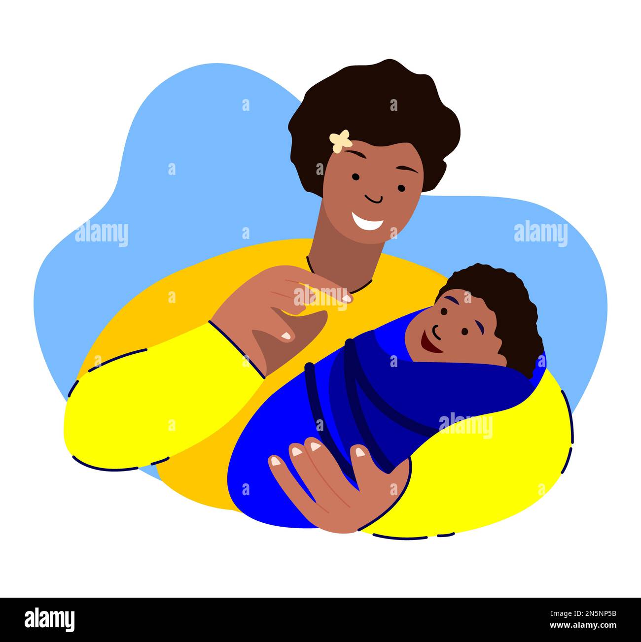 Happy Smiling Loving Woman Talking,Dandling, Playing with her Newborn Baby Caring,Nursing in Hands.Mother Lullaby.Mom and Child Postpartum Rehabilitat Stock Photo