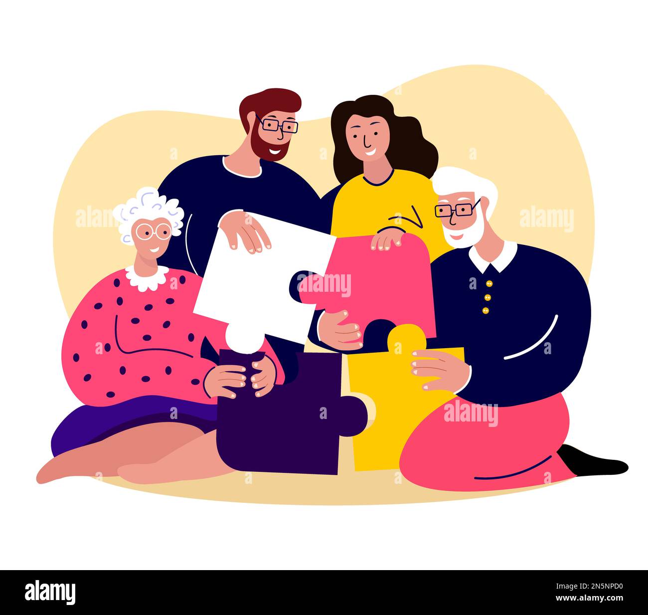 Happy Family Together.Young Adult Couple Woman,Man,Mother,Father,Husband. Collecting Puzzle Board Game.Old Aged Pensioner Grandparents.People Stay Hom Stock Photo