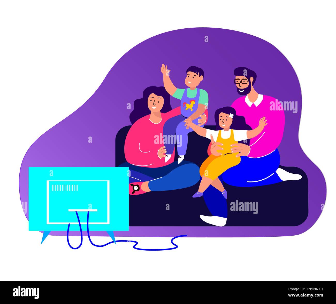 Happy Parents,Mother and Father,Playing Playstation Game on TV, Children,Girl and Boy. Son,Daughter,Kids,Children. Family Have Fun Together,Popcorn.Pe Stock Photo