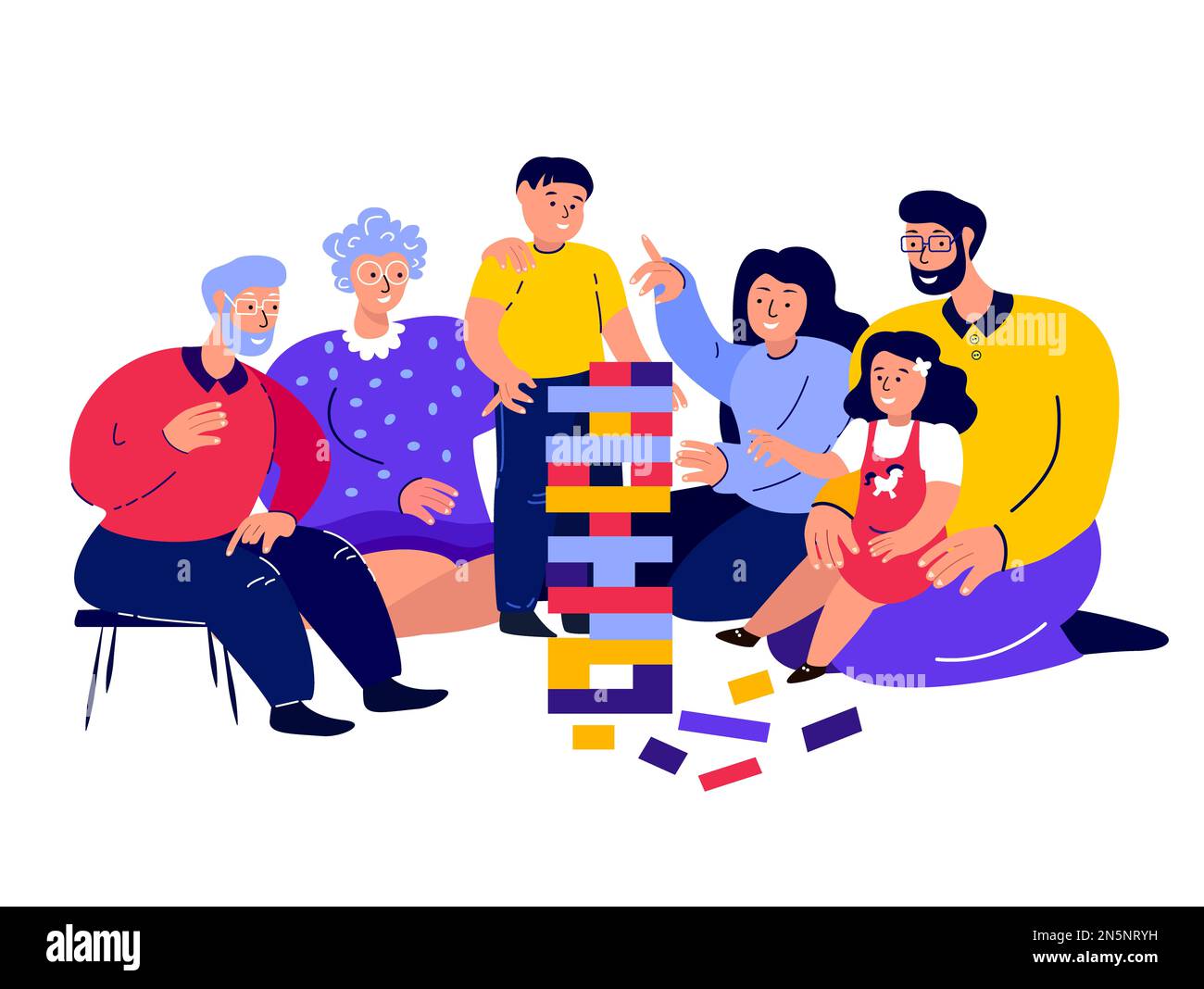 Big Happy Smiling Family Playing Board Jenga Game.Young Woman, Man.Parents,Mother,Father,Old Aged Pensioner Grandparents.Grandmother,Grandfather.Daugh Stock Photo