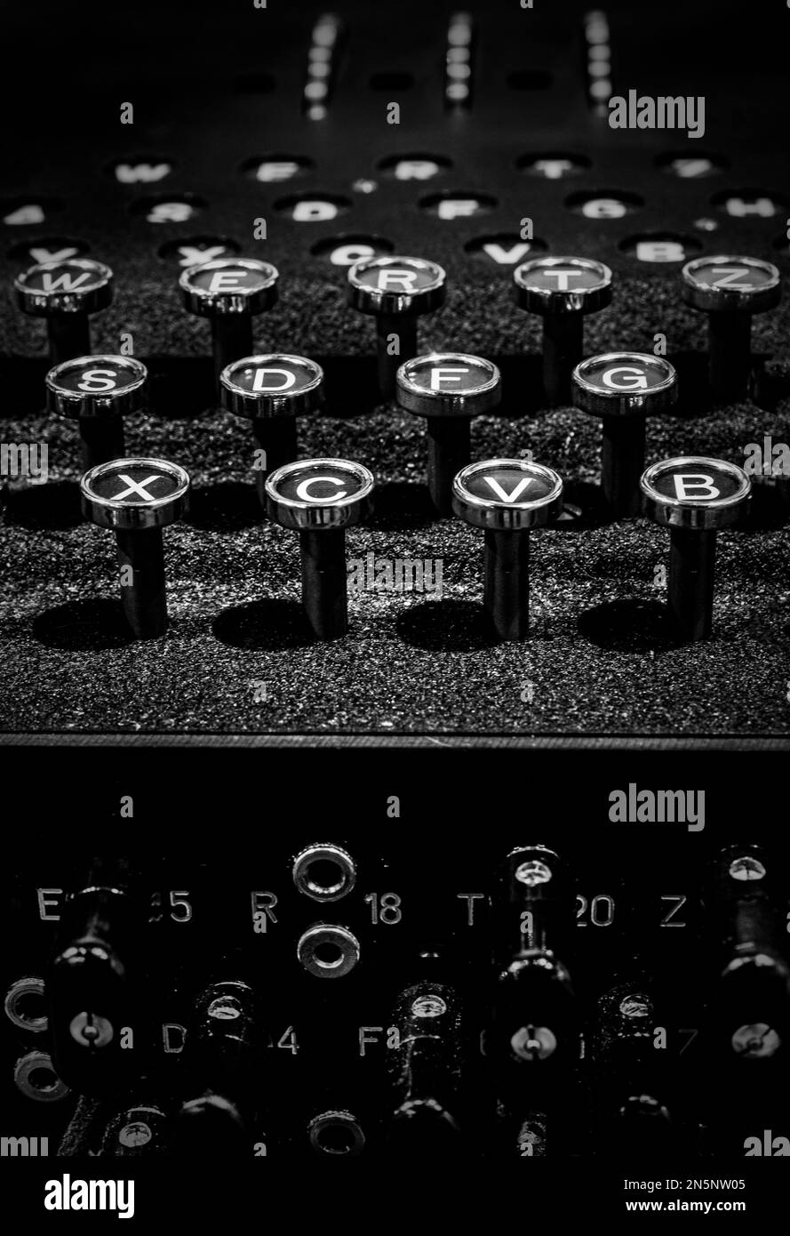Rare German World War II 'Enigma' machine keyboard, bulbs and encryption rotors used by code breakers at Bletchley Park. Stock Photo