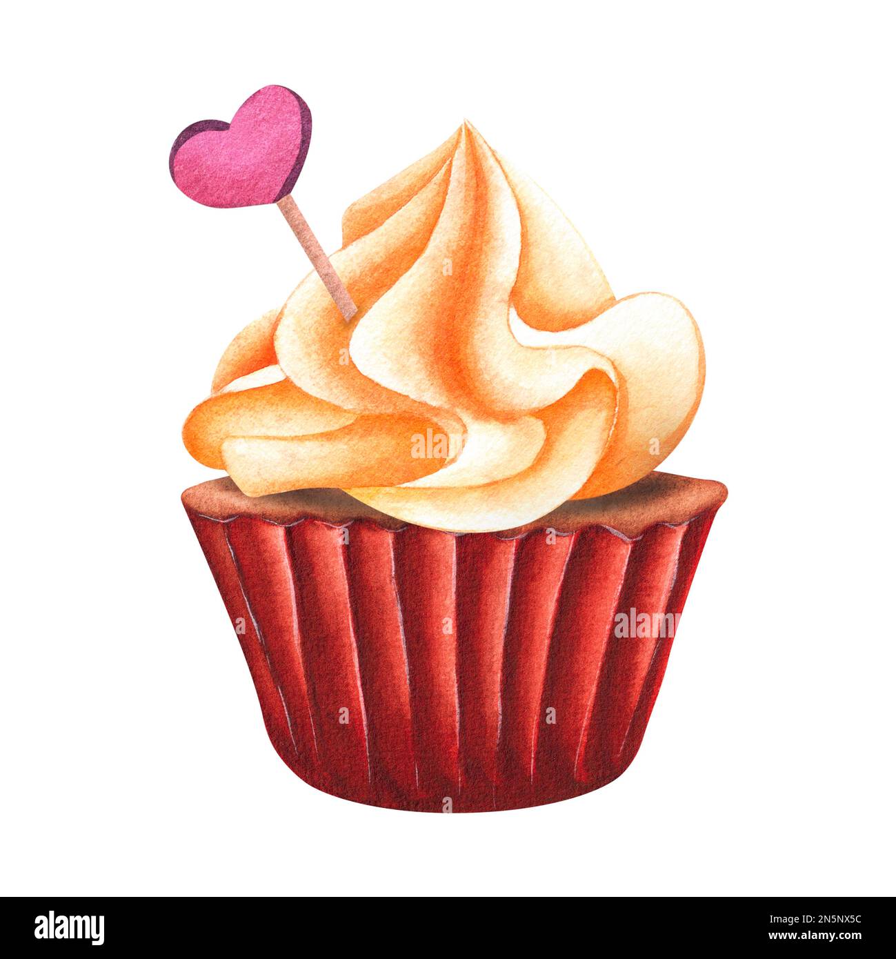 Sweet cupcake with decor and cream painted in watercolor and isolated ...