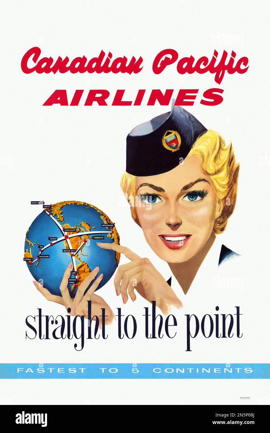Canadian Pacific Airlines, straight to the point. Artist unknown. Poster published in 1955 in Canada. Stock Photo