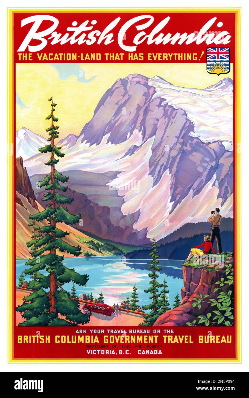 British Columbia, the vacation-land that has everything! Artist unknown. Poster published ca. 1950 in Canada. Stock Photo
