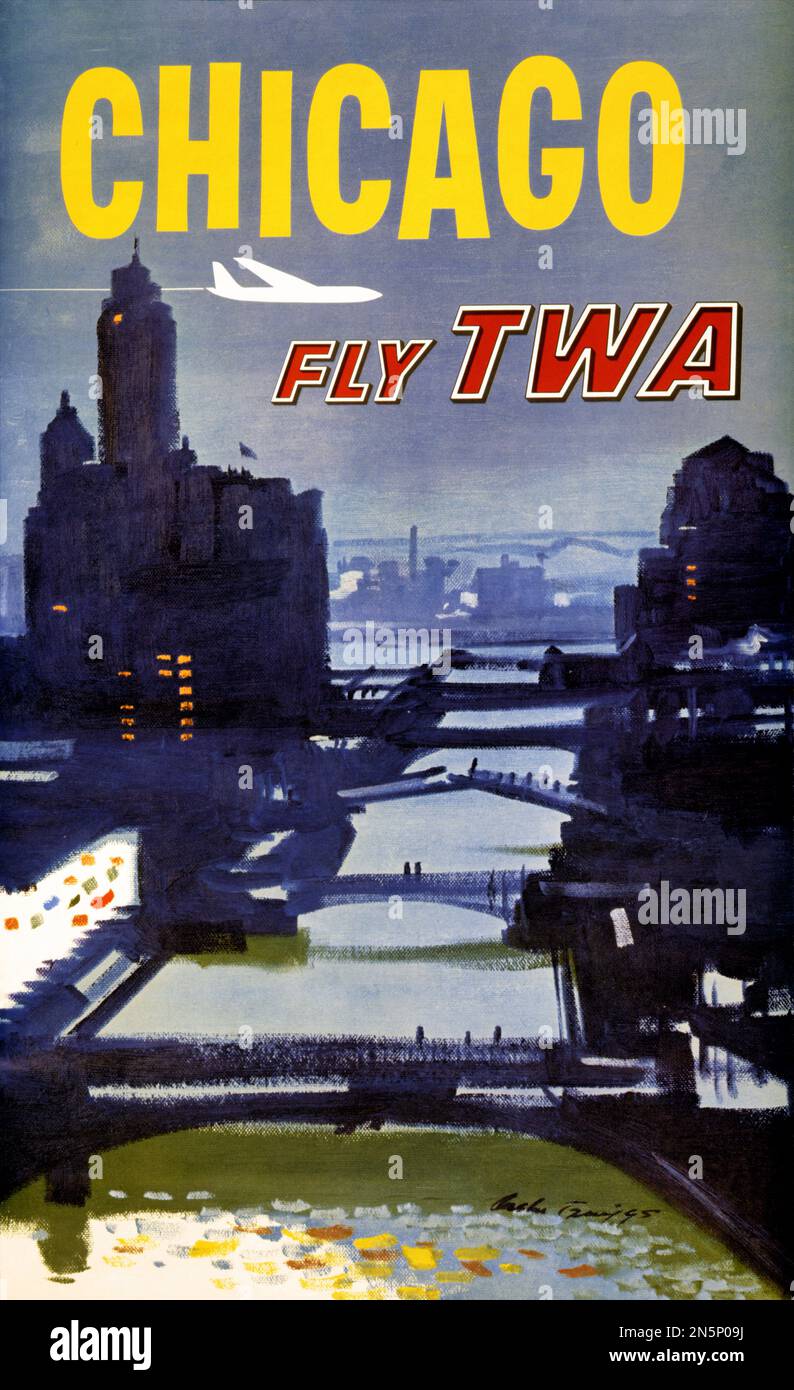 Chicago. Fly TWA by Austin Briggs (1908-1973). Poster published ca. 1960 in the USA. Stock Photo
