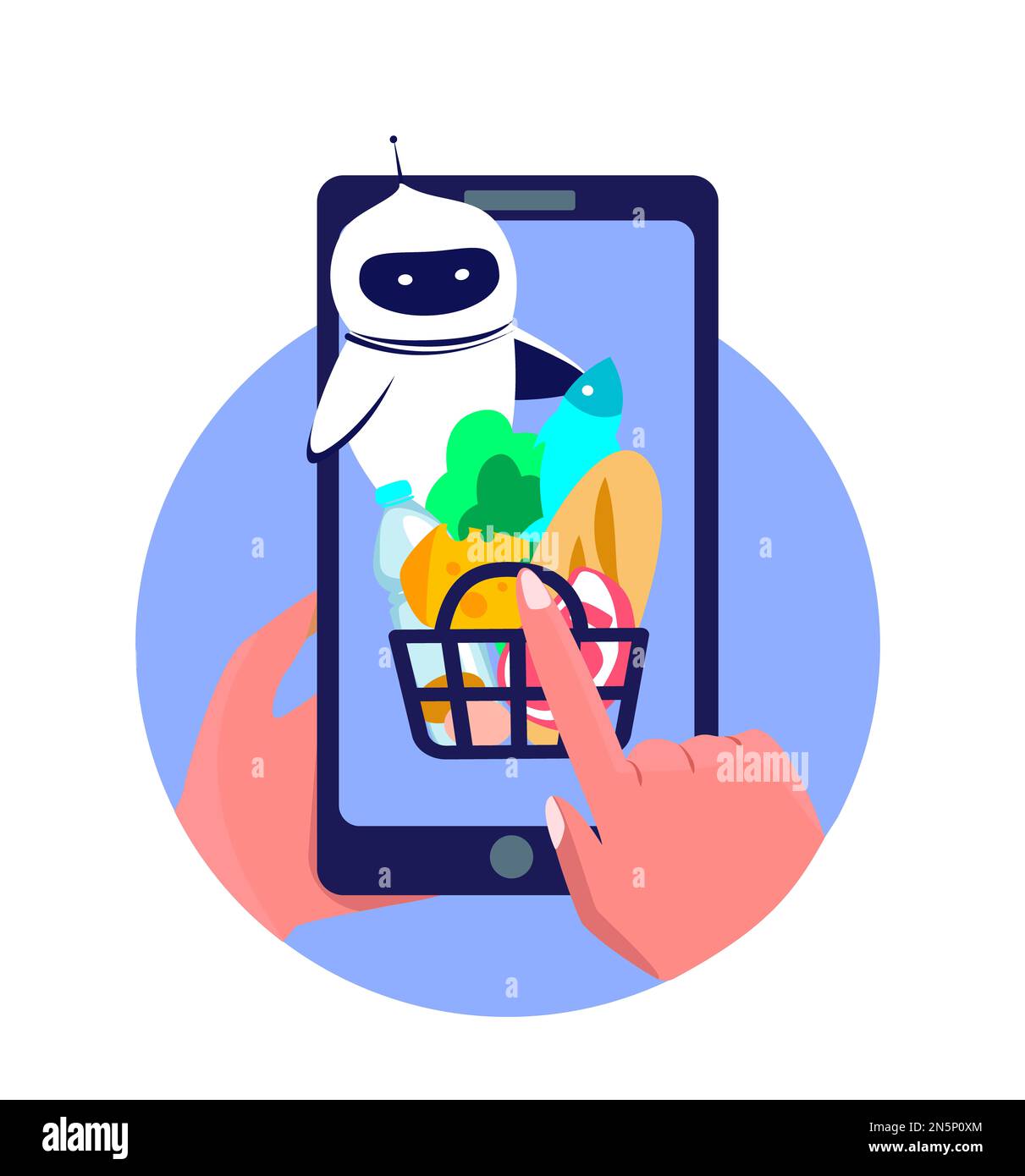 Chat Bot Cyber Robot Help to Order Food Online. Digital Delivery Basket with Goods,Food,Products.Shopping in Application.Sale,Consumerism on Smartphon Stock Photo