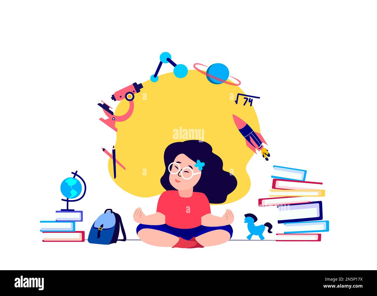 Pupil Child Girl Meditating,Claming Down,Relieve Stress.Studying,Getting Education. Lesson Tutorial Education. Teaching Process.Knowledge for Student. Stock Photo