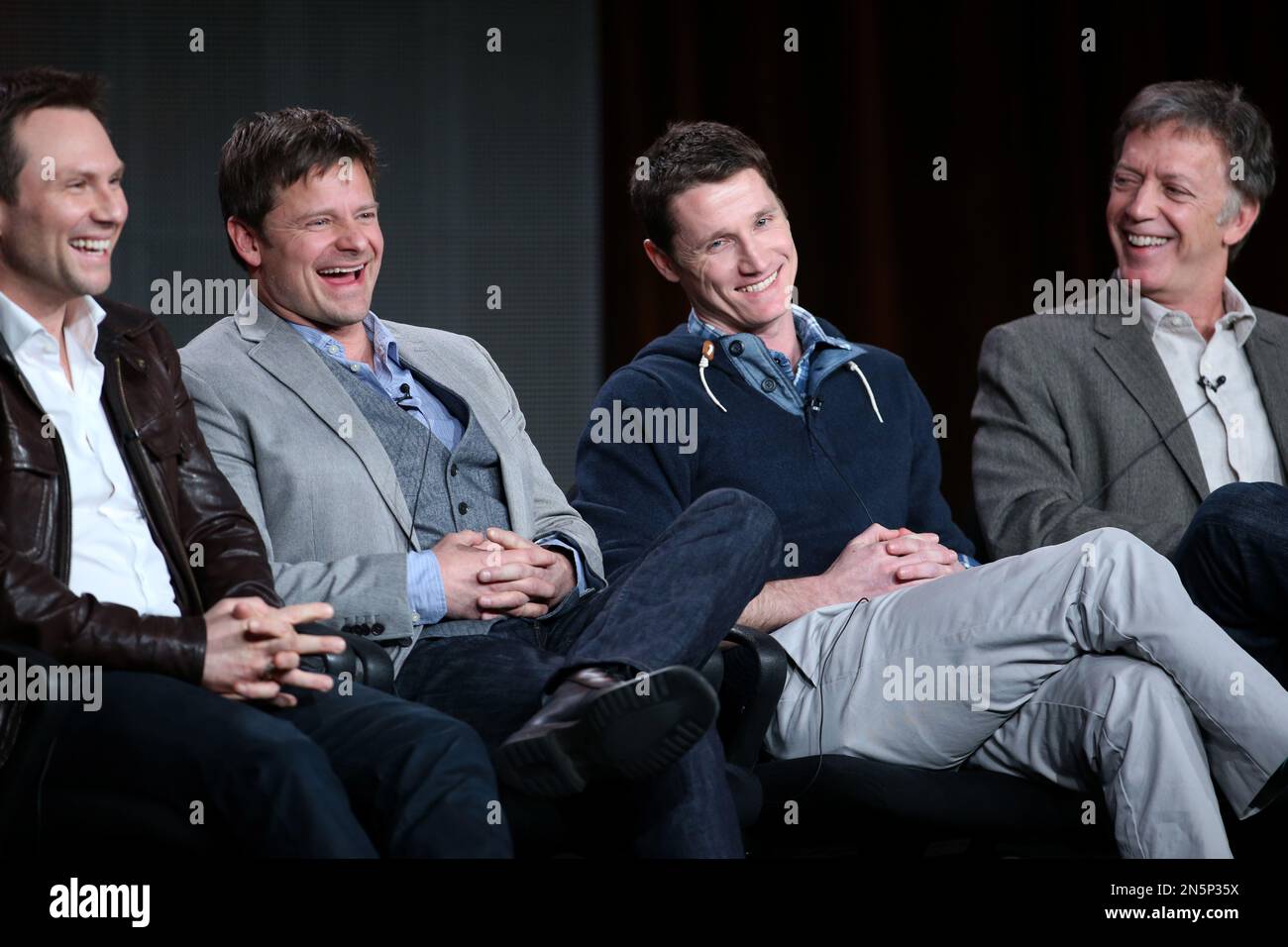 From left, Christian Slater, Steve Zahn, executive producers Kyle Killen  and Donald Tudd participate in the "Mind Games" panel discussion at the  Disney/ABC Winter 2014 TCA Press Tour on Friday, Jan. 17,
