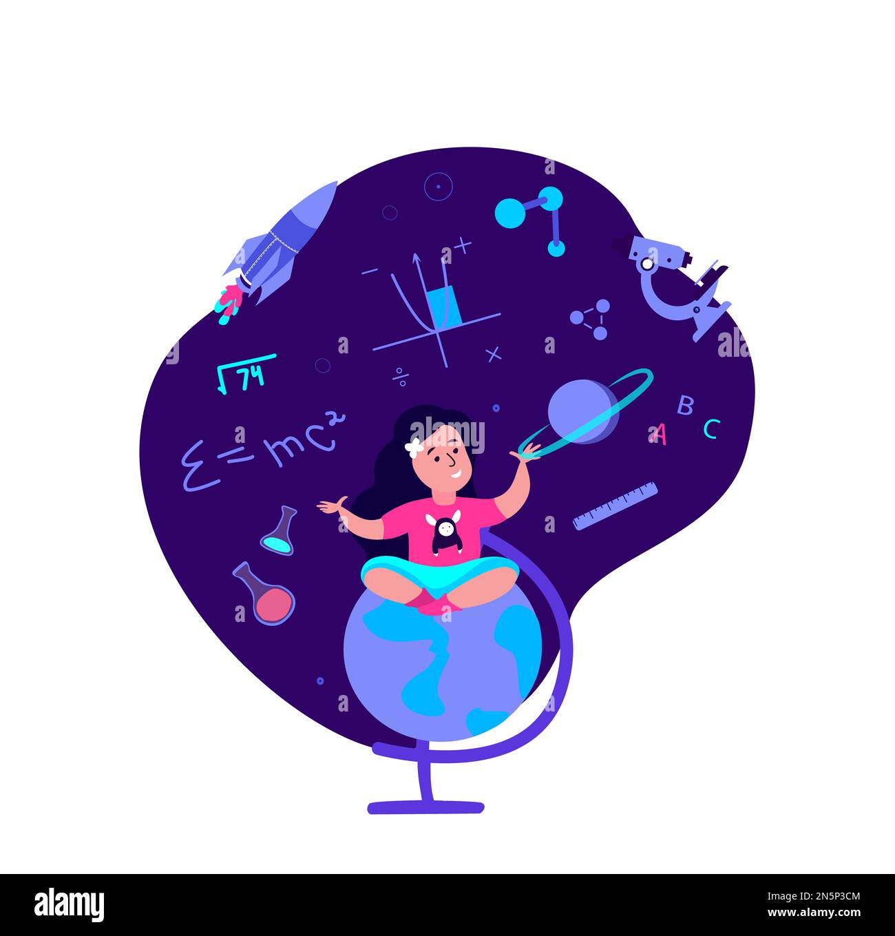 Pupil SchoolGirl Kid on Class Tutorial Education.Space Universe Cartoon.Elementary School for Children Students. Kid Study,Homework. Funny Lesson Lear Stock Photo