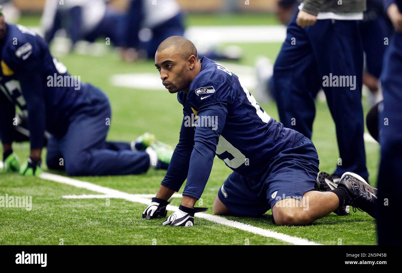 Seattle Seahawks wide receiver Doug Baldwin stretches before NFL football practice at the team s indoor facility Friday Jan. 17 2014 in Renton Wash. The Seahawks host the San Francisco 49ers in the