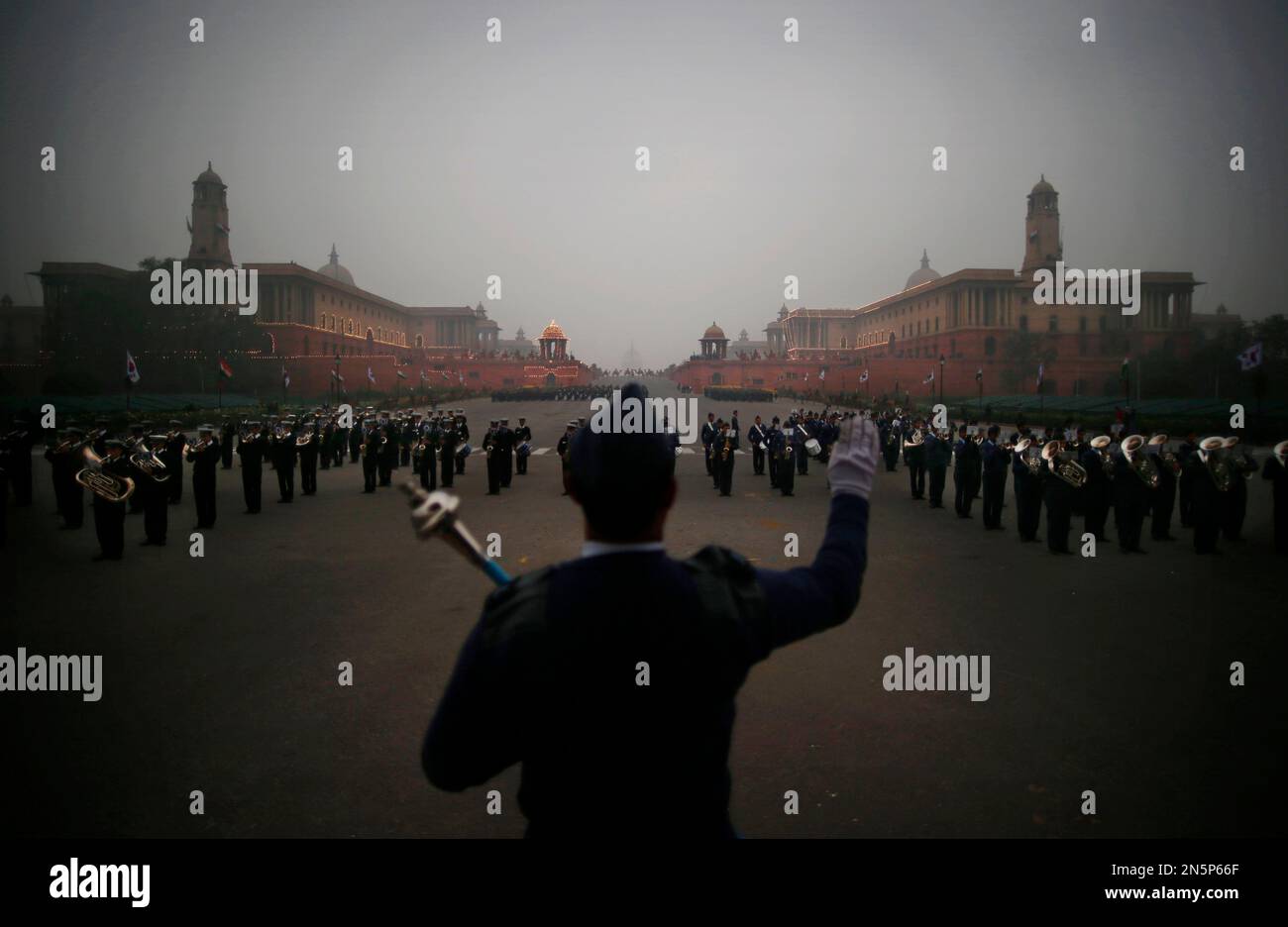 Indian military band from the three forces perform during a rehearsal