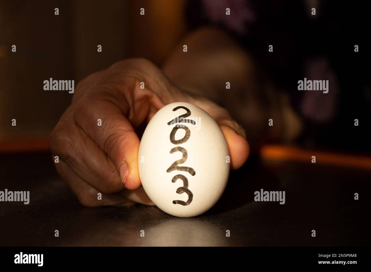Female old hand holding an egg with the inscription 2023 in the kitchen at home, happy new year 2023, food and hunger Stock Photo