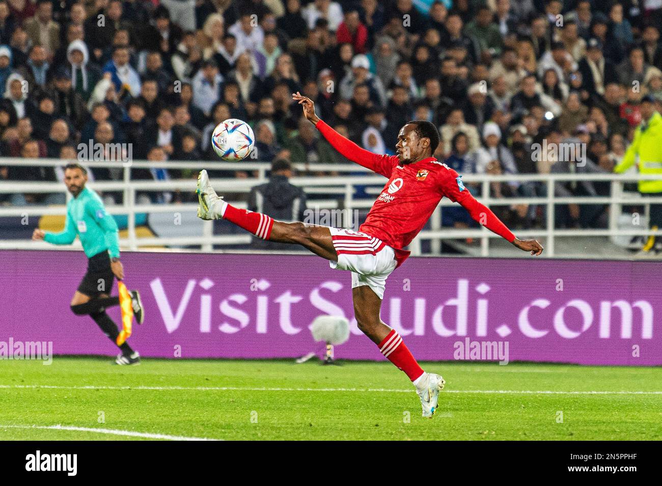 Tangier, Morocco. 08th Feb, 2023. Grand Stade de Tangier Percy Tau of Al Ahly regrets a missed chance during a match between Al Ahly and Real Madrid, valid for the 2022 FIFA Club World Cup semi-final, held at Prince Moulay Abdellah Stadium in Rabat, Morocco (Richard Callis/SPP) Credit: SPP Sport Press Photo. /Alamy Live News Stock Photo