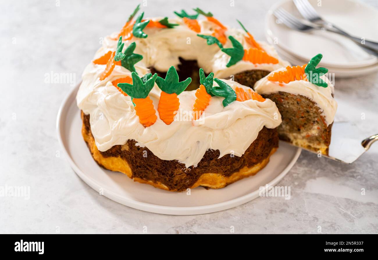 Carrot bundt cake with cream cheese frosting Stock Photo Alamy