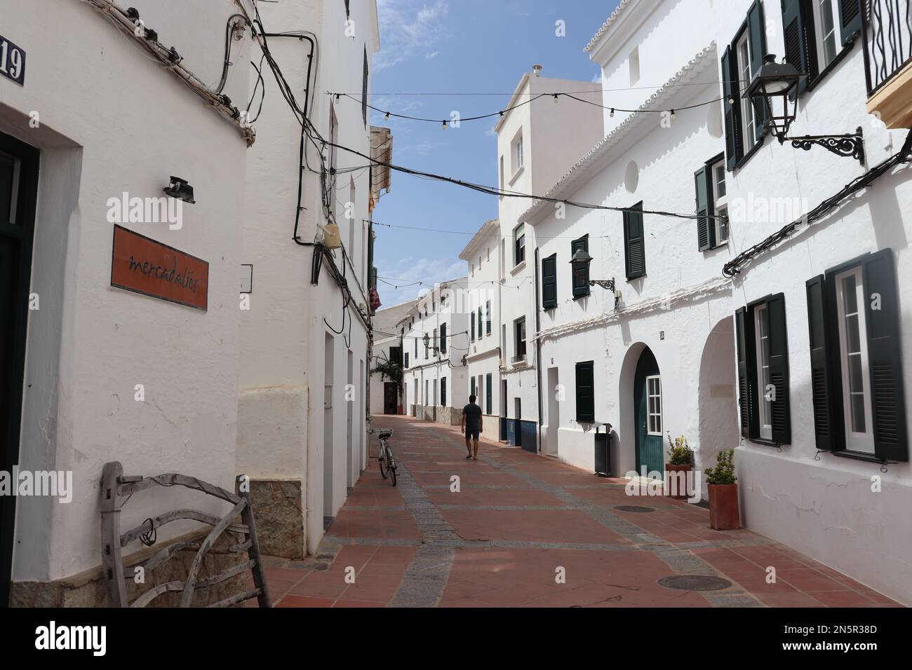 White buildings in the streets of Es Mercadal, Minorca Stock Photo