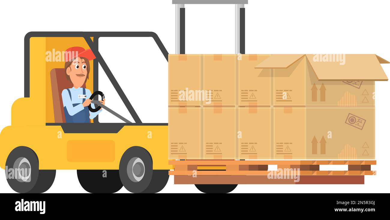 Industrial forklift with cargo boxes. Warehouse worker character Stock Vector