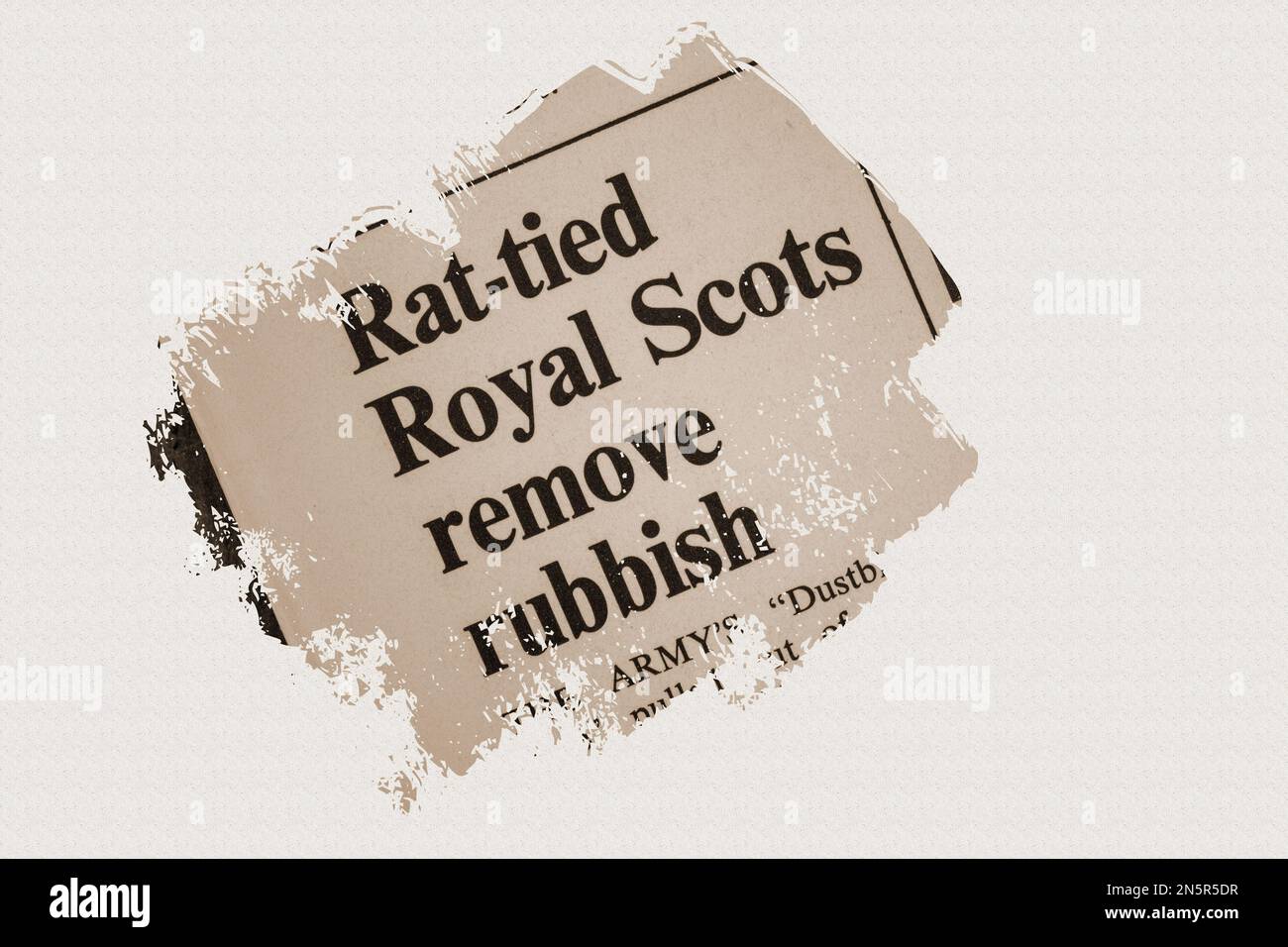 Rat-tied Royal Scots remove rubbish - news story from 1975 newspaper headline article title in sepia Stock Photo