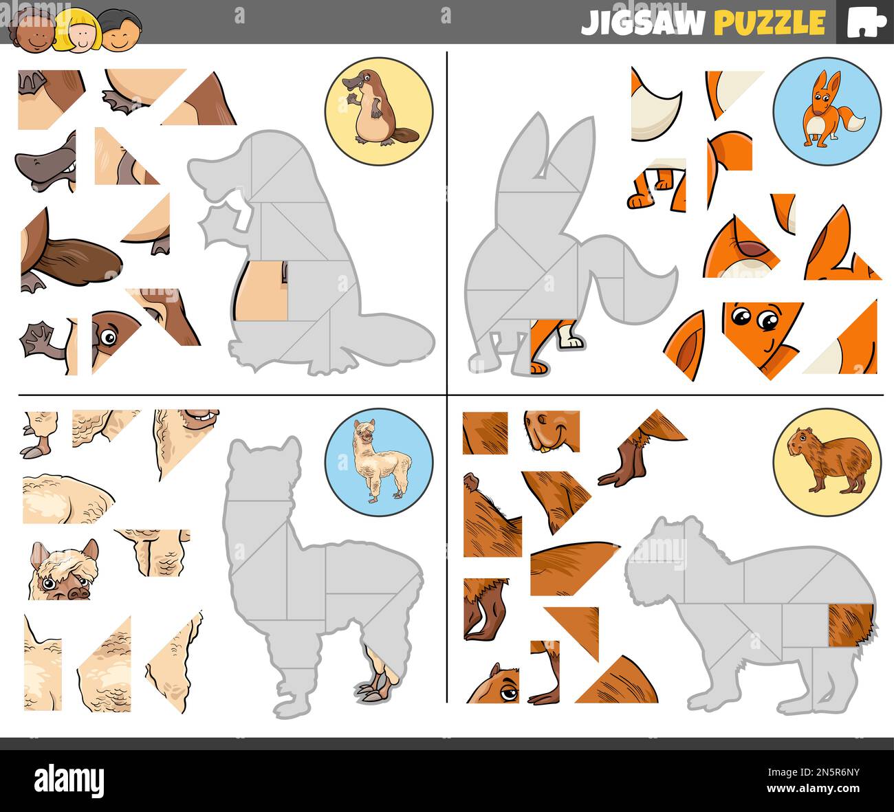 Cartoon illustration of educational jigsaw puzzle games set with animal characters Stock Vector