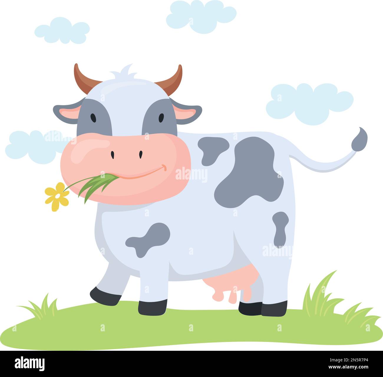 Happy cow eating grass on meadow. Cartoon smiling animal. Vector