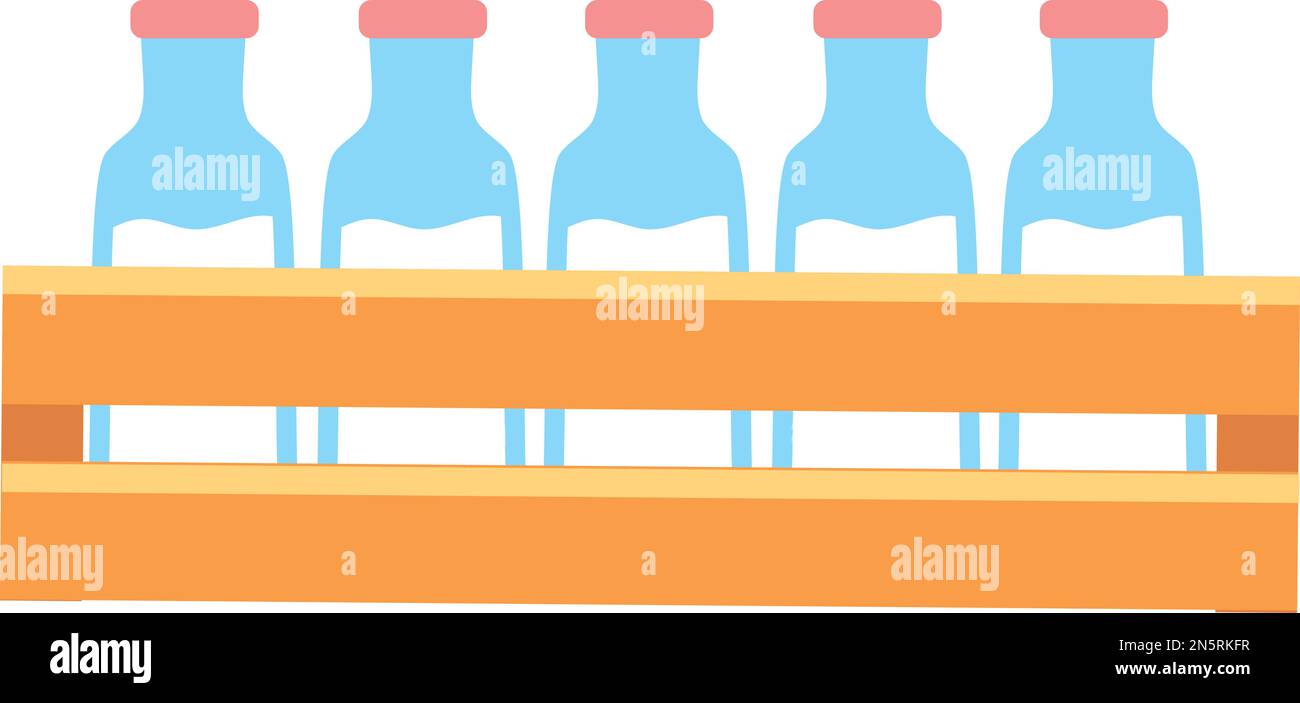 Milk bottles in wooden box. Cartoon dairy isolated on white background