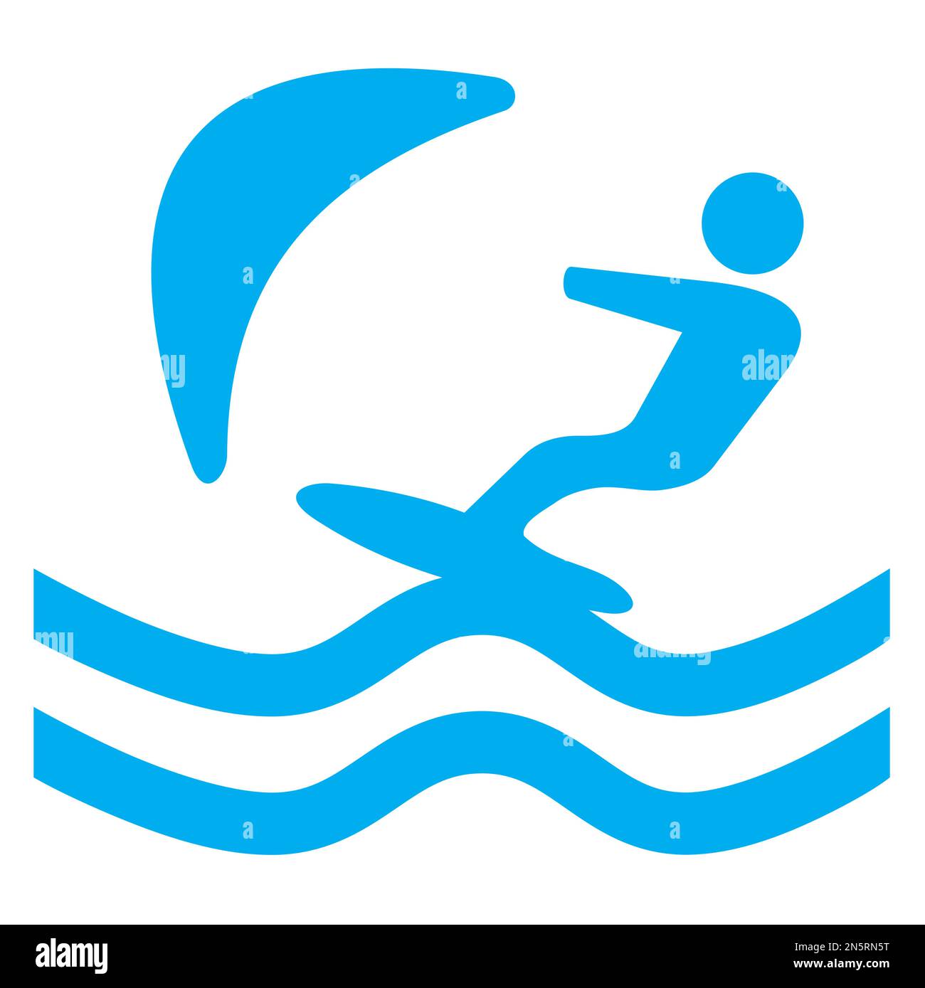 Blue and white vector graphic of a map symbol for board based water activities. It consists of a blue silhouette of a windsurfer on a white background Stock Vector