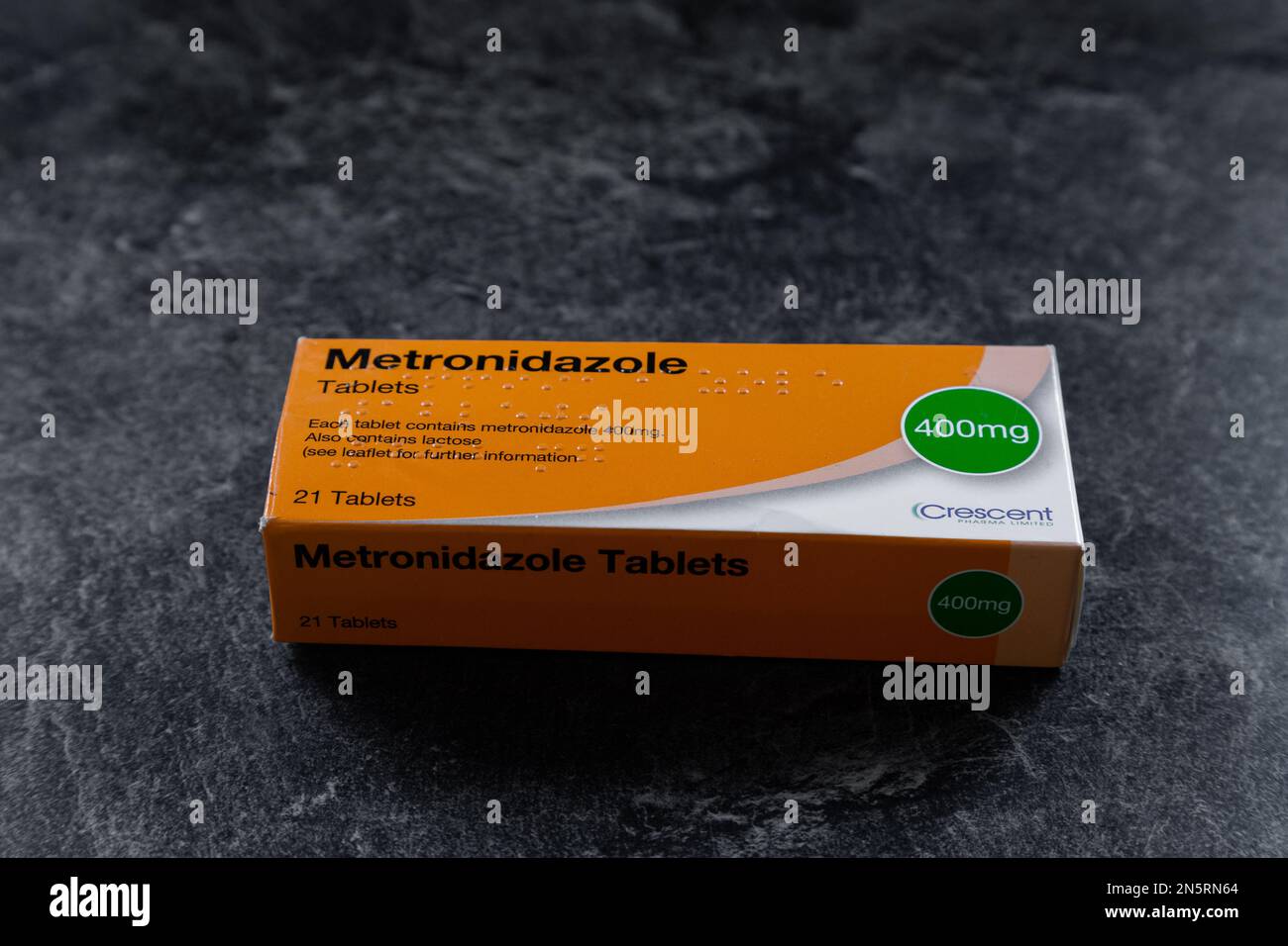 A box of Metronidazole antibiotic capsules. Stock Photo