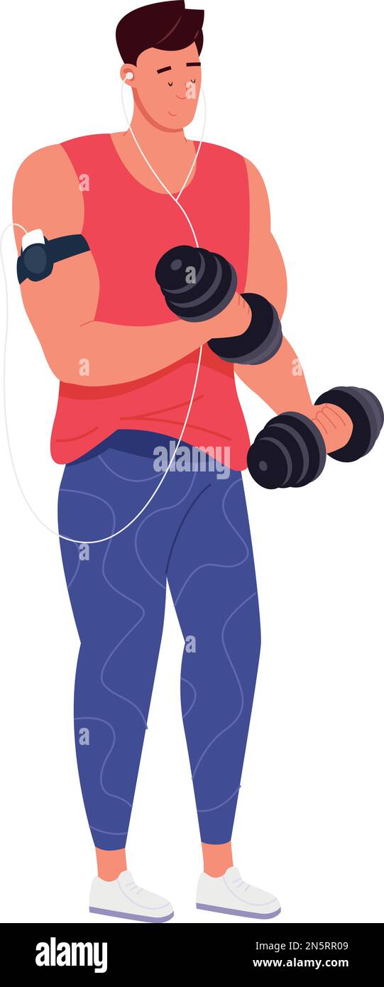 Guy training with dumbbells. Power lifting workout isolated on white background Stock Vector