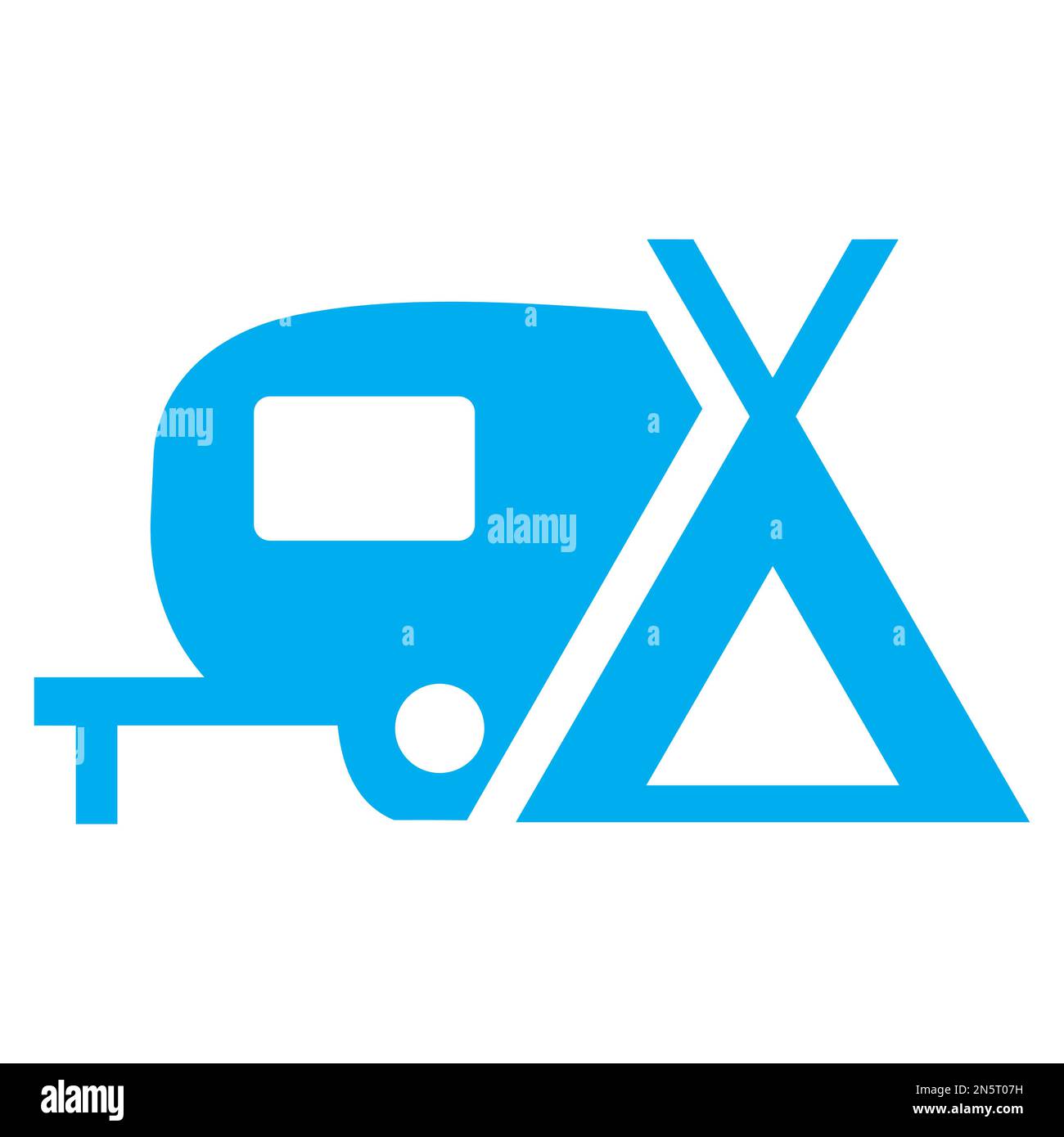 Blue and white vector graphic image of a map icon depicting a camping and caravanning site Stock Vector