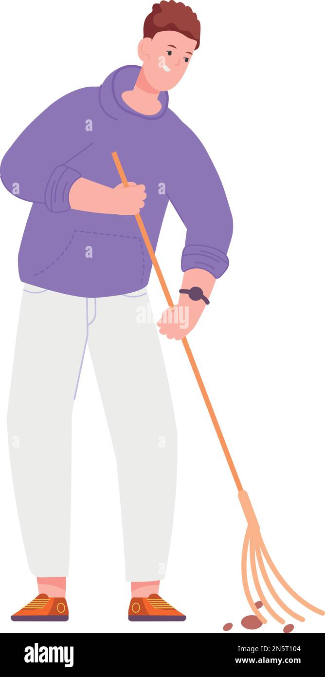 Man sweeping floor with broom. Cleaning dust. Household work isolated