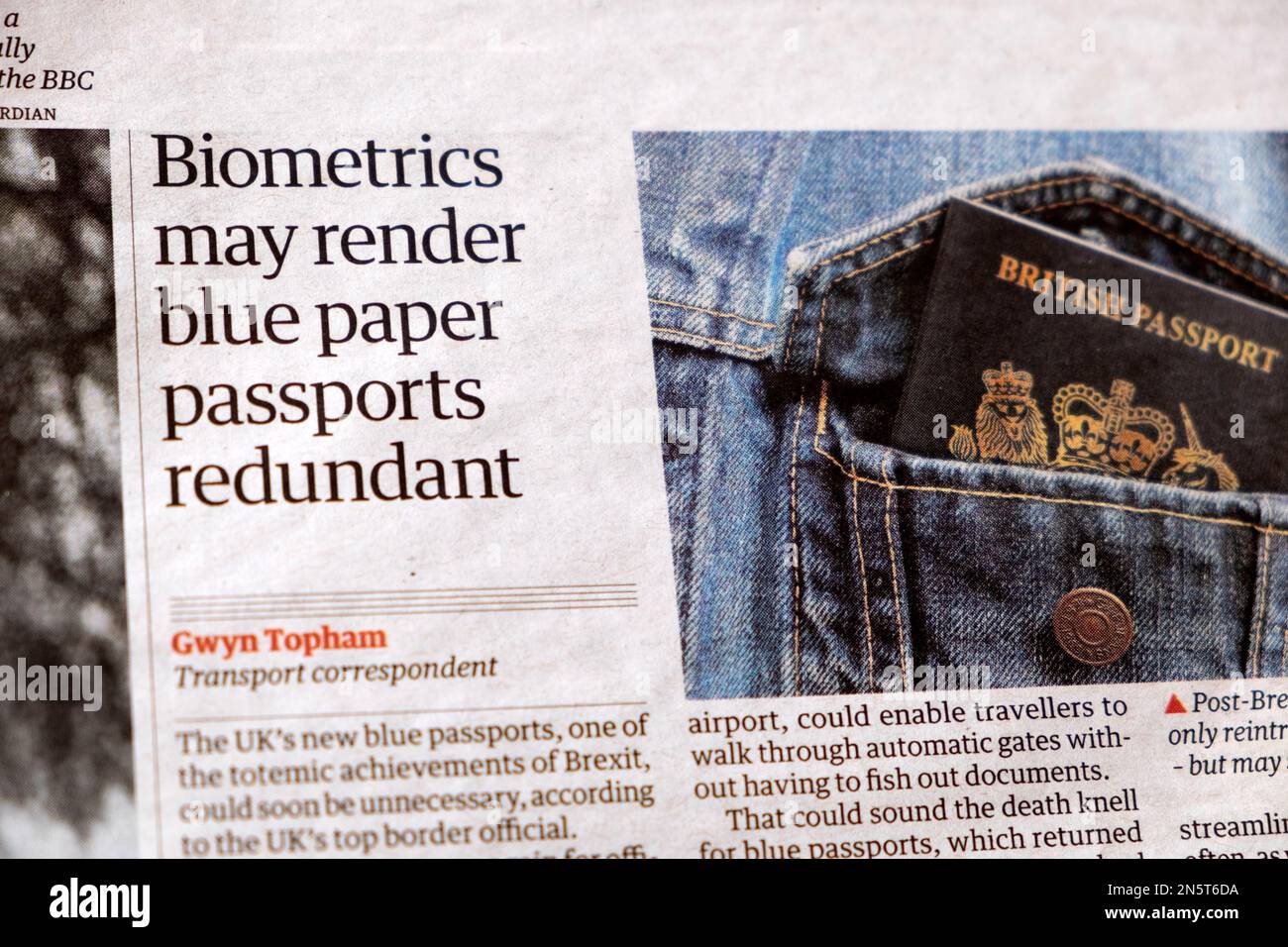 'Biometrics may render blue paper passports redundant' Guardian newspaper headline British passport article clipping 3 February 2023 London England UK Stock Photo