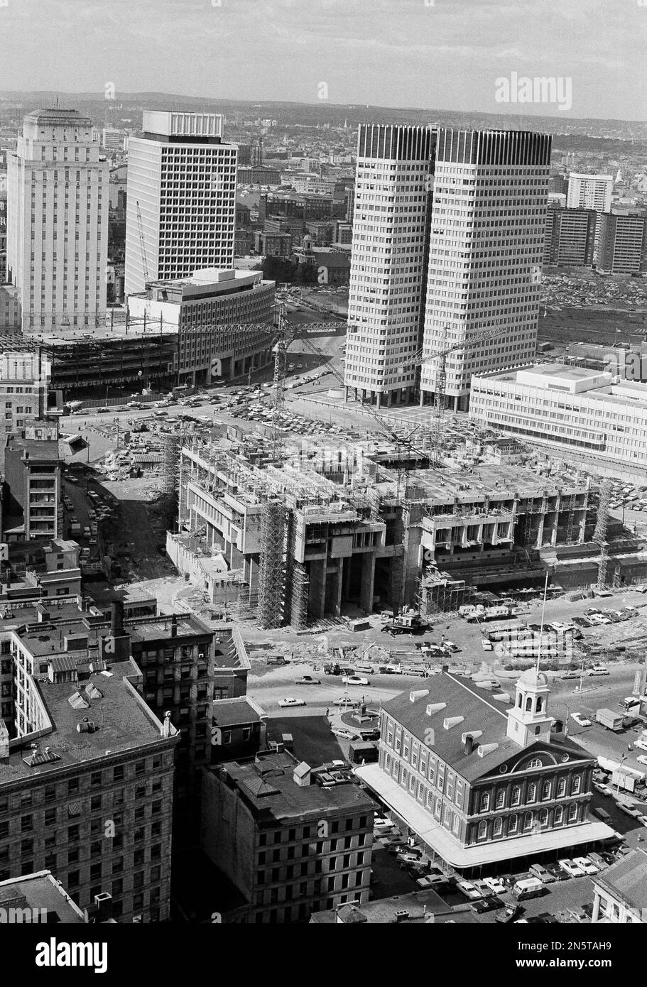 Faneuil Hall, lower right, the cradle of American liberty, seems to