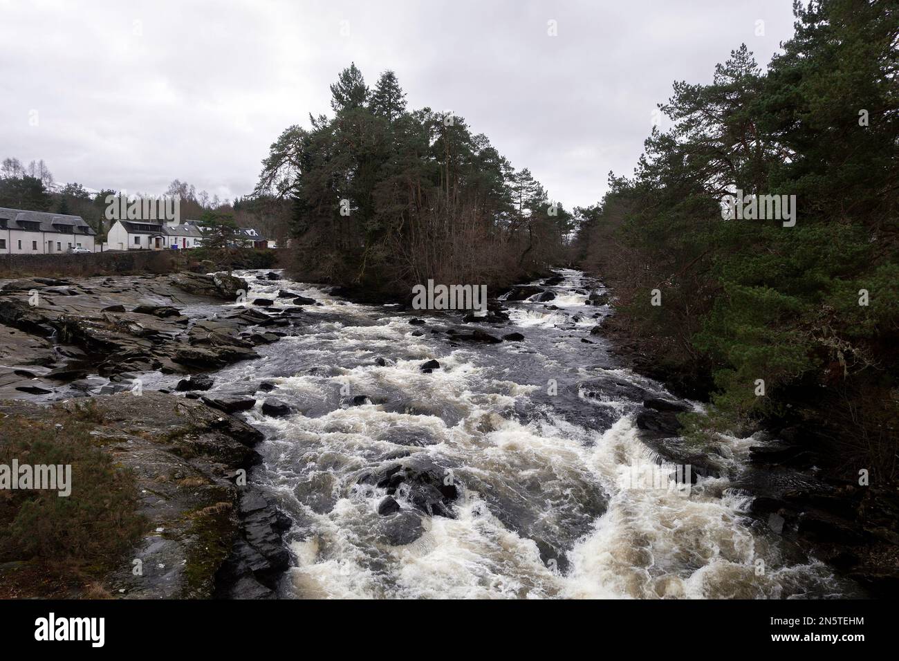 The Falls of Dochart from just off the Rob Roy Way walking trail at Killin, Perthshire, Loch Lomond and the Trossachs National Park, Scotland. Stock Photo
