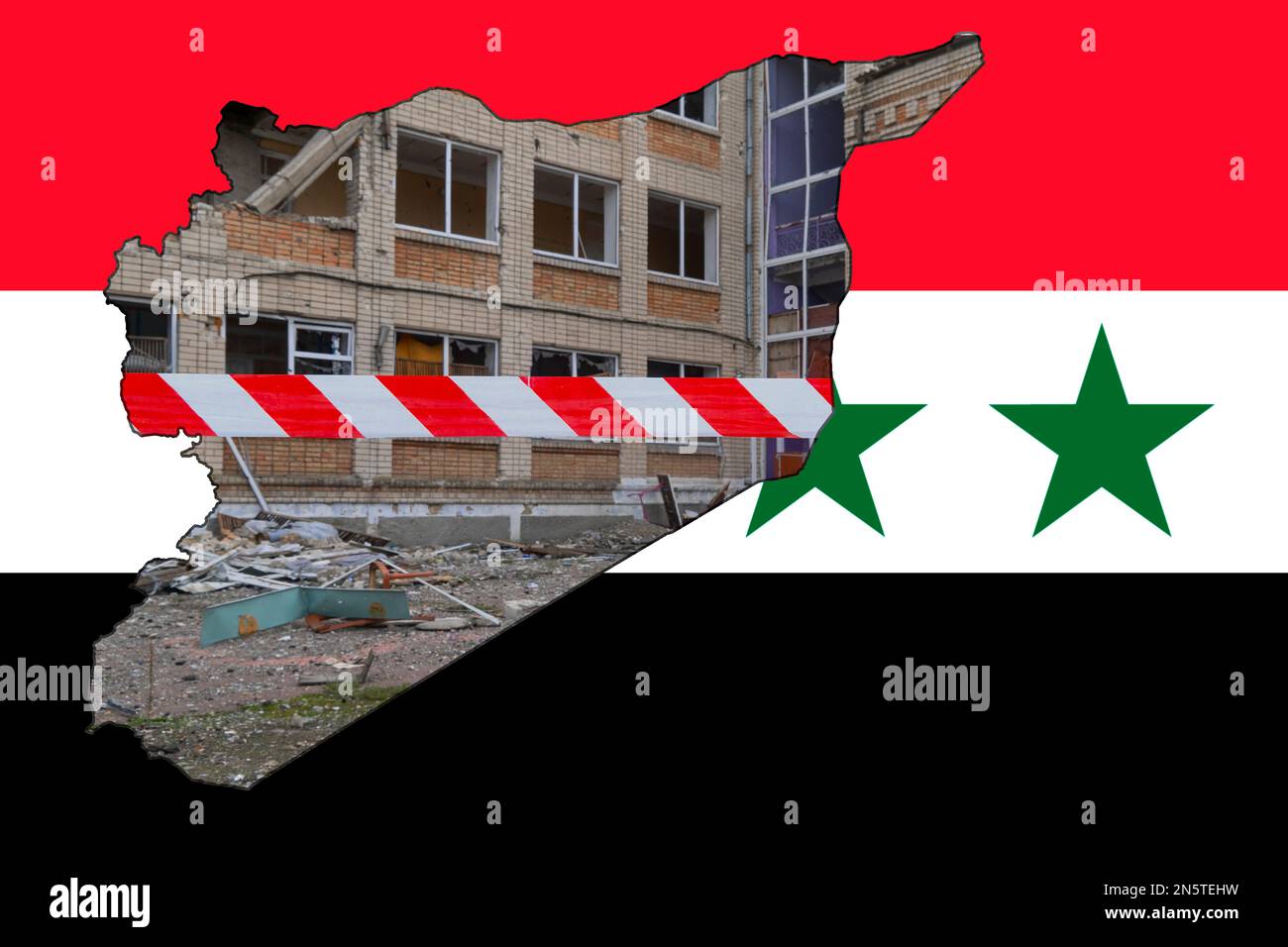 Earthquake in Syria. Damaged building. A picture in the form of a map of Syria against the background of the national flag of Syria Stock Photo