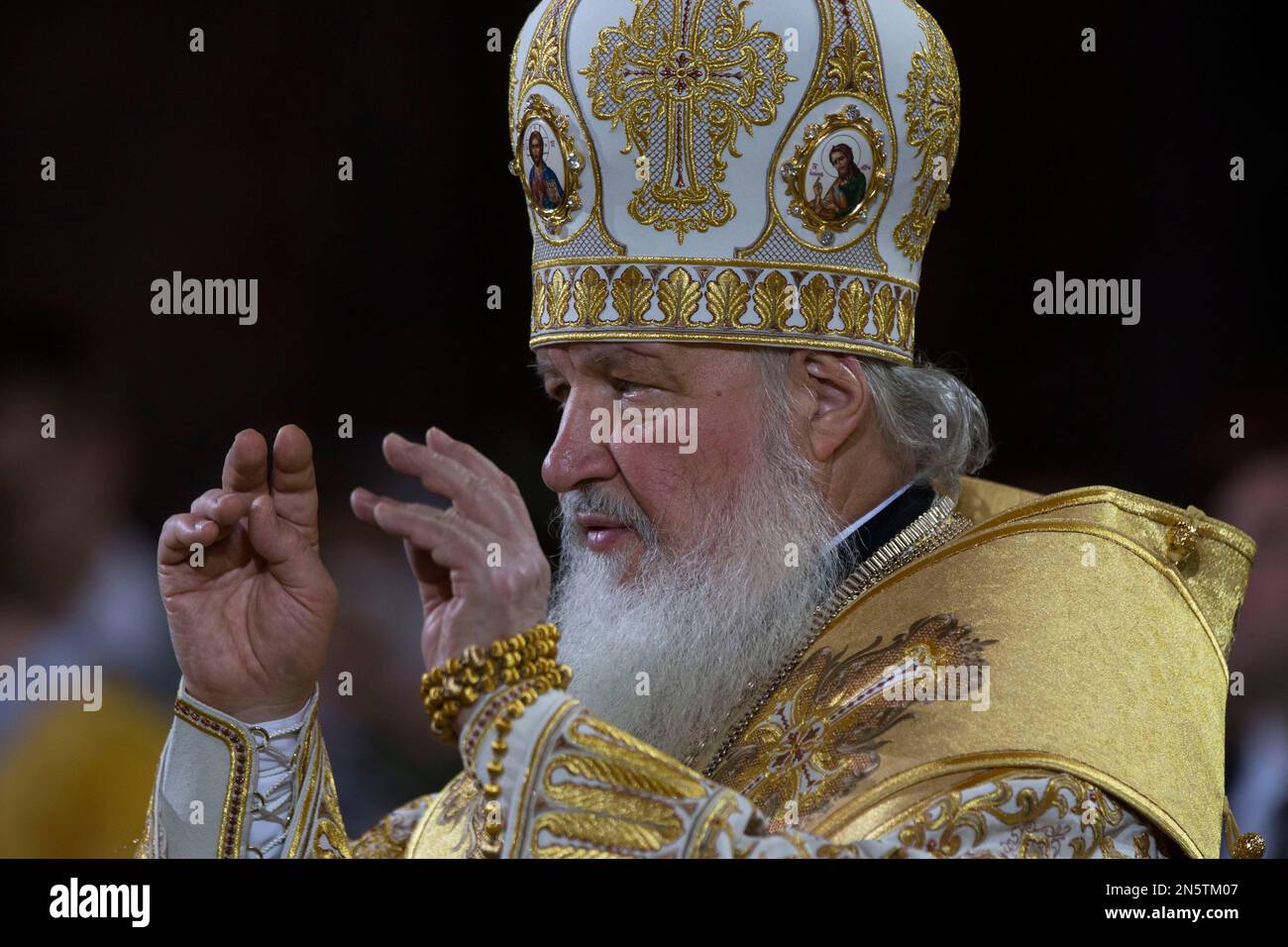 Russian Orthodox Patriarch Kirill serves the Christmas mass with the