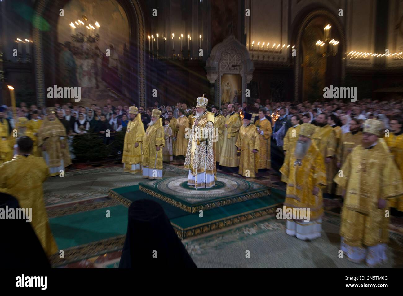 Russian Orthodox Patriarch Kirill, center, serves the Christmas mass