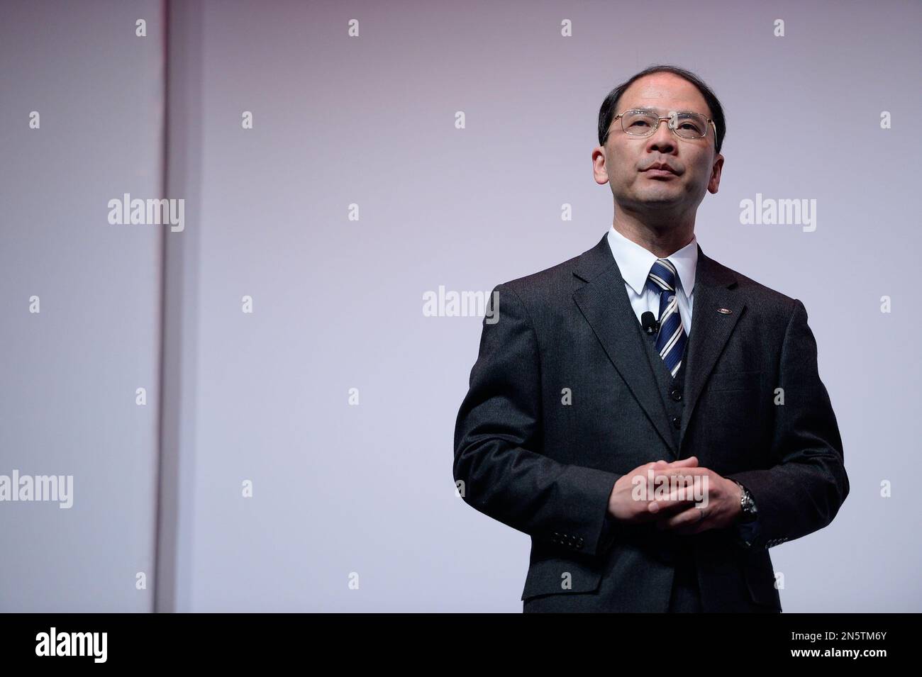 Chairman and CEO of Sharp Electronics Corporation, Toshi Osawa, discusses Sharp's latest innovations at CES on Monday, January 6, 2014 in Las Vegas. (Jeff Bottari/AP Images for Sharp Electronics Corporation) Stock Photo