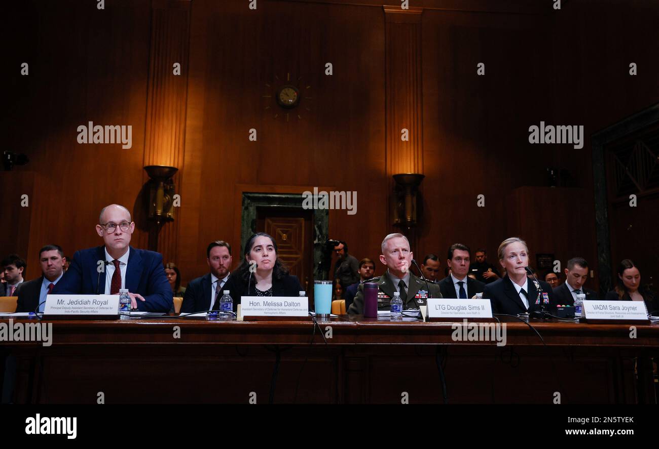 (L-R) Jedidiah Royal, Principal Deputy Assistant Secretary Of Defense For Indo-Pacific Security Affairs, Melissa Dalton, Assistant Secretary Of Defense For Homeland Defense And Hemispheric Affairs, Lt. Gen. Douglas Sims II, Director of Operations, Joint Chiefs of Staff and Vice Admiral Sara Joyner, Director Of Force Structure, Resources and Assessments of the Joint Staff appear before the Senate Appropriations subcommittee oversight hearing on Chinese high altitude surveillance efforts against the U.S. at the Dirksen Senate Office Building on Capitol Hill February 9, 2023 in Washington, DC Stock Photo