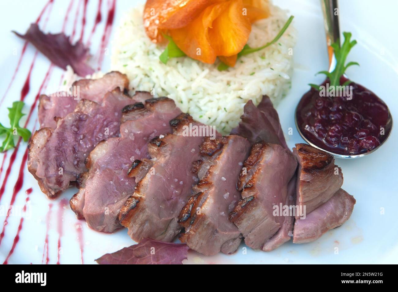 Delicious grilled duck fillets with its garnish Stock Photo