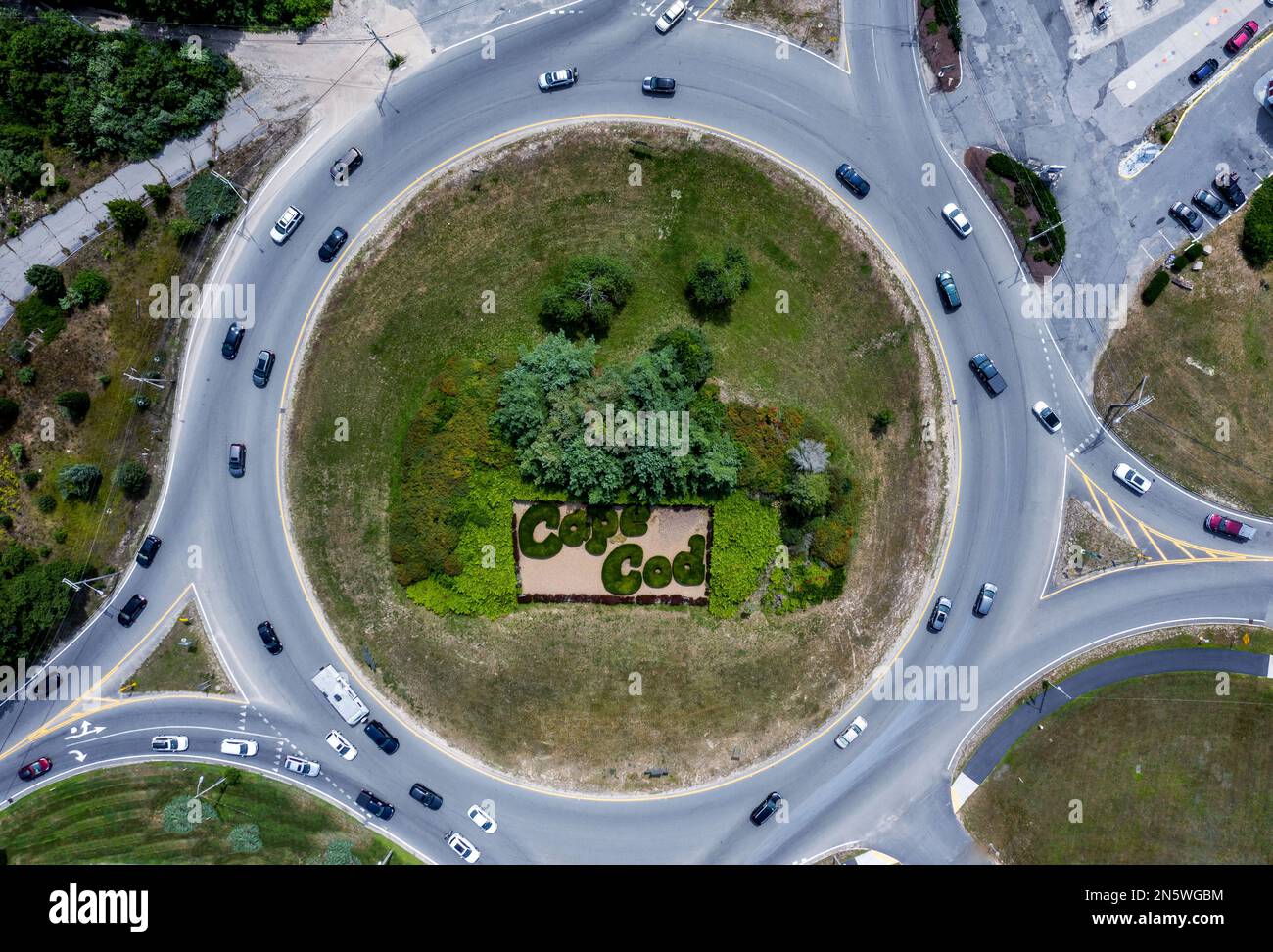 Aerial view of Cape Cod Rotary Bourne Hedge Sign, Massachusetts Stock