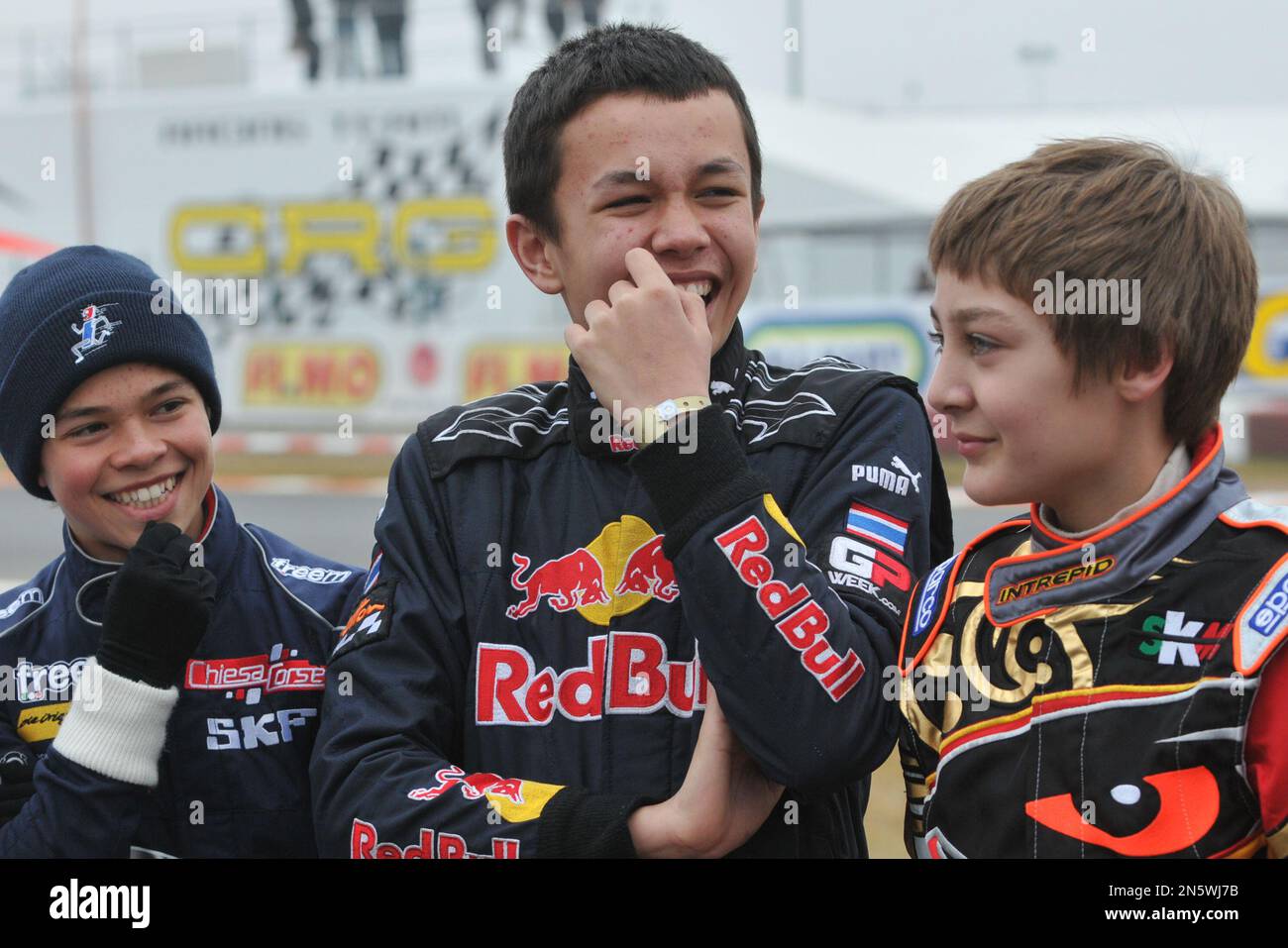 Karting rivals Alexander Albon, George Russell and Nyck De Vries. Stock Photo