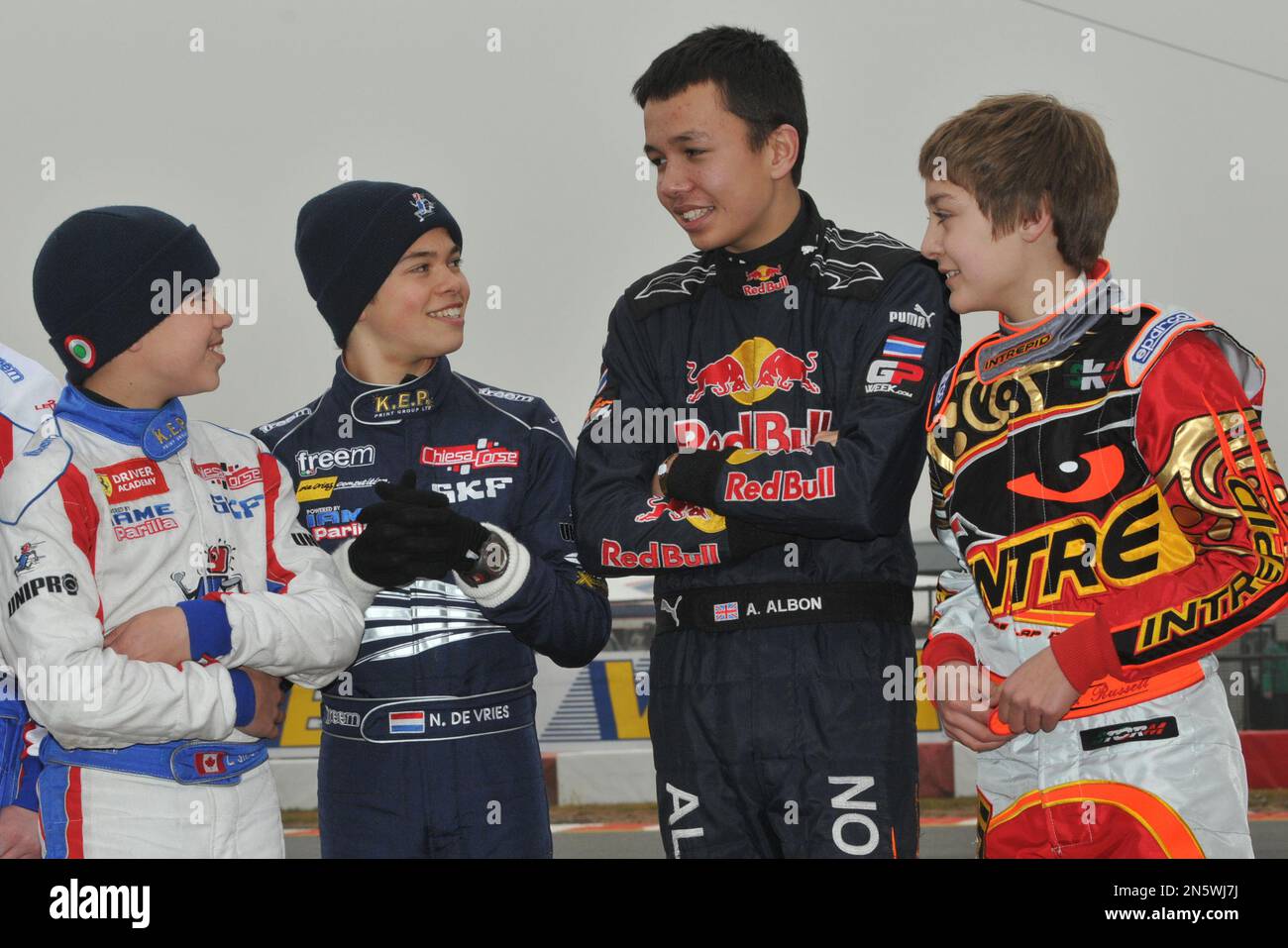Karting rivals Alexander Albon, George Russell, Lance Stroll and Nyck De Vries. Stock Photo