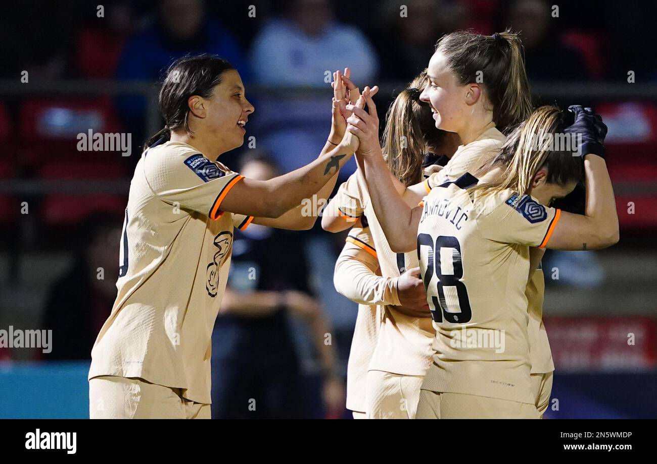 Chelsea's Sam Kerr (left) celebrates with team-mate Niamh Charles after