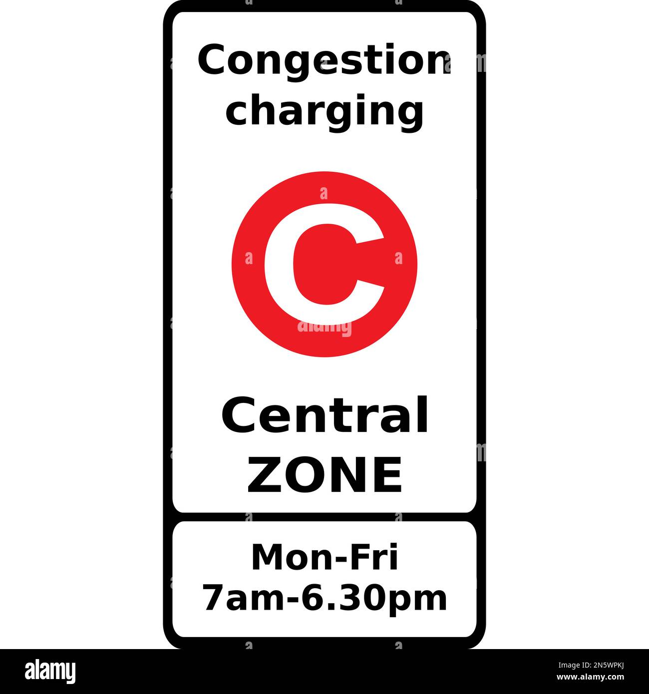 Vector graphic road sign for congestion charging in the central zone and give the times charges are enforceable Stock Vector