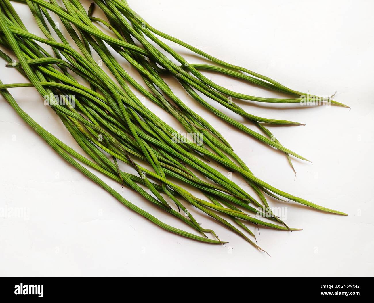 Drumsticks are pods from the Moringa tree used as a vegetable. Stock Photo