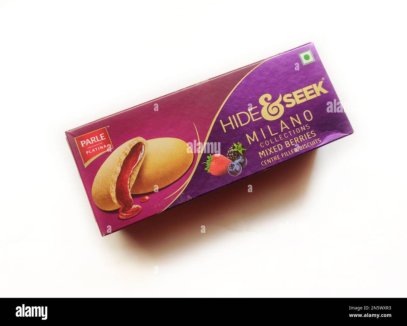 Parle Platina Hide and Seek Milano Biscuits - Centre Filled Mixed Berries in isolated background. Stock Photo