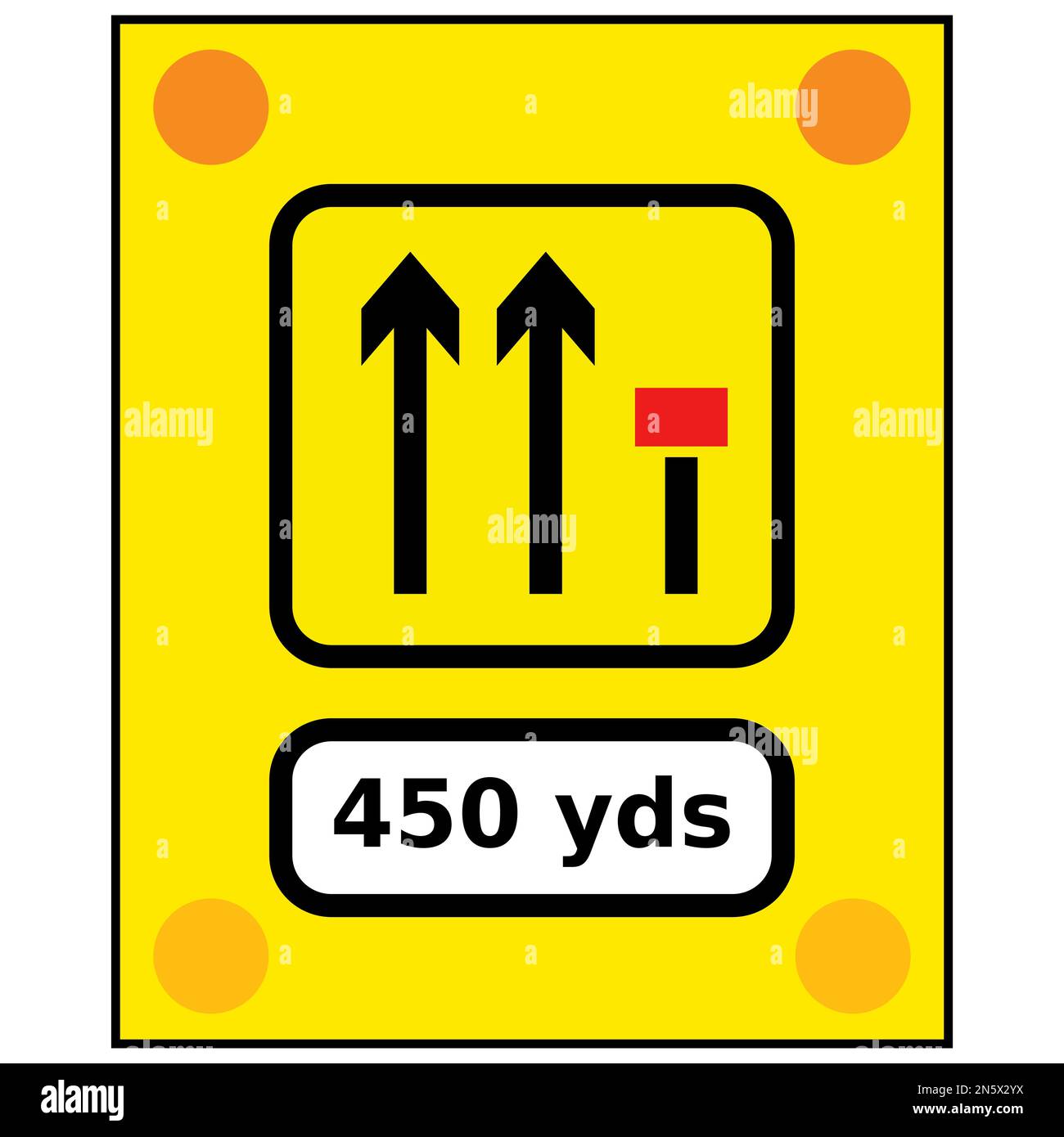 Vector graphic of a rectangular yellow sign warning of signs used on the back of slow-moving or stationary vehicles warning of a lane closed ahead by Stock Vector