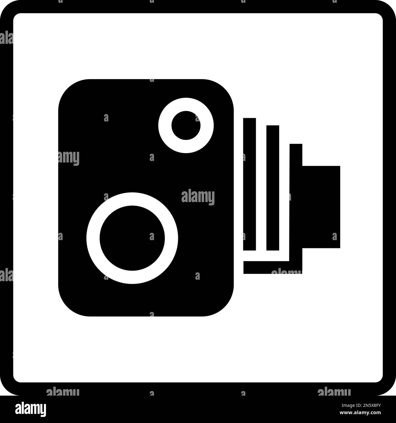 Vector graphic of a uk warning of a speed camera ahead road sign. It consists of a representation of a speed camera symbol contained within a black sq Stock Vector