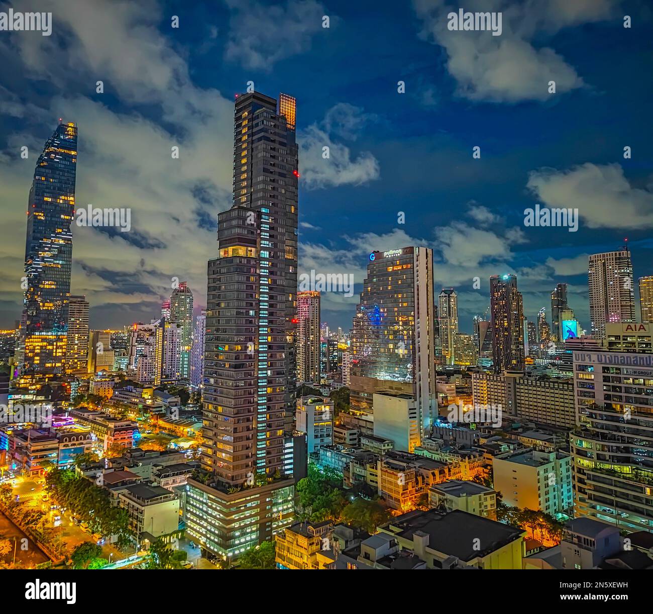 Aerial view of Bangkok downtown skyline at night. Panorama of city ...